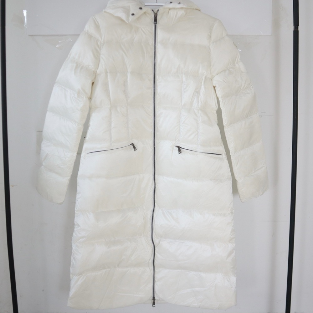 Moncler White Long Down Puffer Coat with Hood & Belt